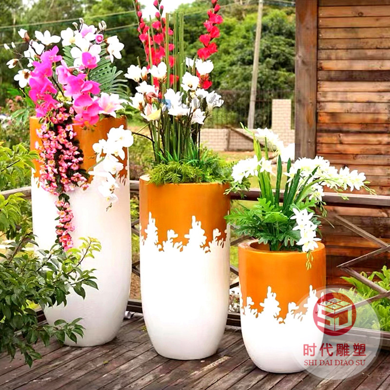 玻璃钢花盆组合三角几何造型户外商场美陈花瓶装饰落地大花盆花钵